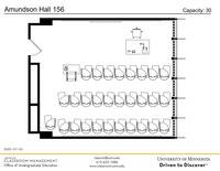 Plan view of the classroom that provides room capacity, seating locations and exits. Contact information is in the footer