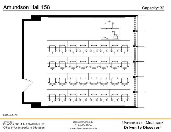 Plan view of the classroom that provides room capacity, seating locations and exits. Contact information is in the footer