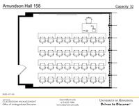 Plan view of the classroom that provides room capacity, seating locations and exits. Contact information is in the footer