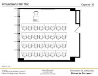 Plan view of the classroom that provides room capacity, seating locations and exits. A QR code links to room schedule and contact information is in the footer