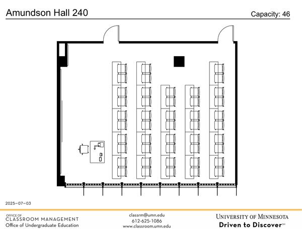 Plan view of the classroom that provides room capacity, seating locations and exits. Contact information is in the footer
