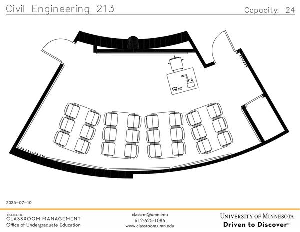 Plan view of the classroom that provides room capacity, seating locations and exits. Contact information is in the footer