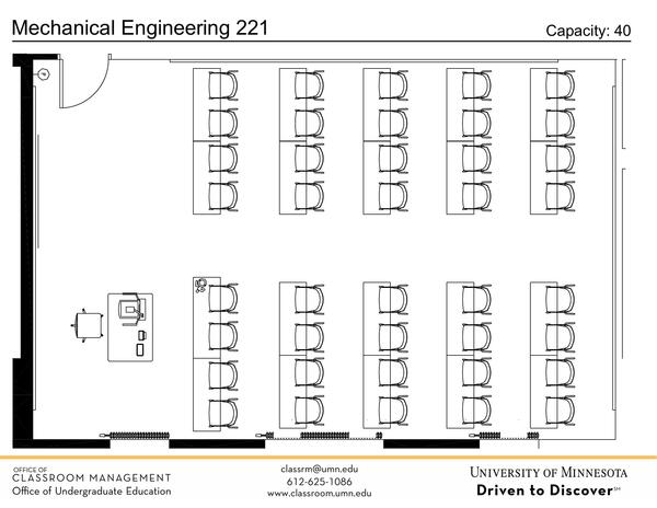 Plan view of the classroom that provides room capacity, seating locations and exits. Contact information is in the footer