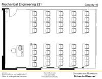 Plan view of the classroom that provides room capacity, seating locations and exits. Contact information is in the footer