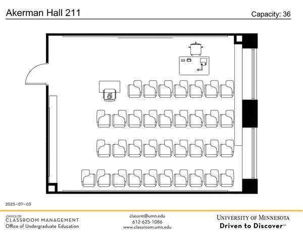 Plan view of the classroom that provides room capacity, seating locations and exits. Contact information is in the footer