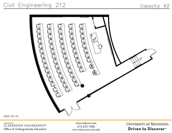 Plan view of the classroom that provides room capacity, seating locations and exits. Contact information is in the footer