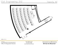 Plan view of the classroom that provides room capacity, seating locations and exits. Contact information is in the footer