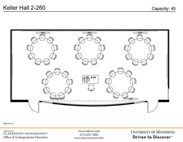 Plan view of the classroom that provides room capacity, seating locations and exits. Contact information is in the footer