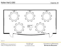 Plan view of the classroom that provides room capacity, seating locations and exits. Contact information is in the footer