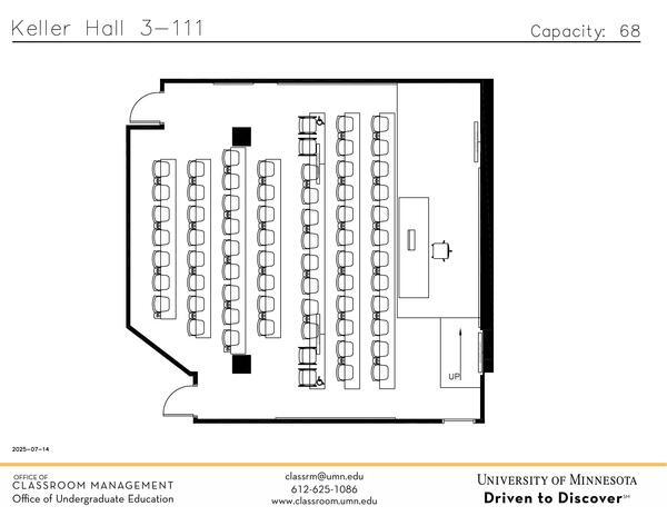 Plan view of the classroom that provides room capacity, seating locations and exits. Contact information is in the footer