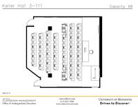 Plan view of the classroom that provides room capacity, seating locations and exits. Contact information is in the footer