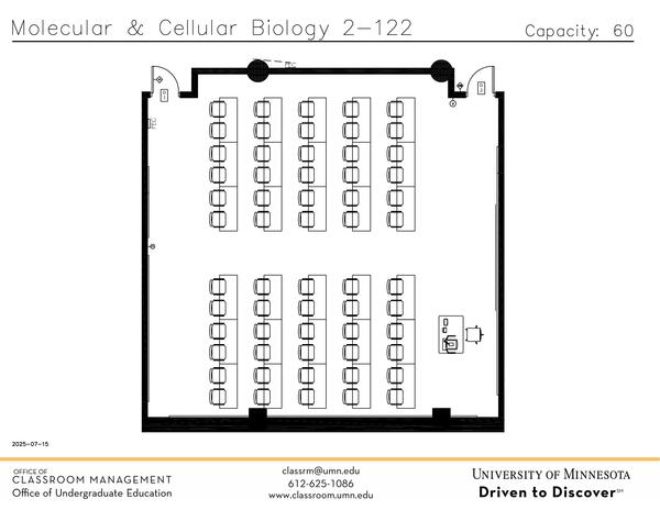 Plan view of the classroom that provides room capacity, seating locations and exits. Contact information is in the footer