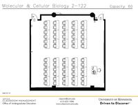 Plan view of the classroom that provides room capacity, seating locations and exits. Contact information is in the footer