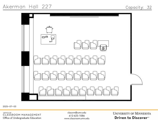 Plan view of the classroom that provides room capacity, seating locations and exits. Contact information is in the footer