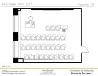 Plan view of the classroom that provides room capacity, seating locations and exits. Contact information is in the footer