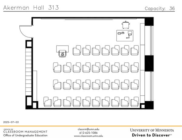 Plan view of the classroom that provides room capacity, seating locations and exits. Contact information is in the footer