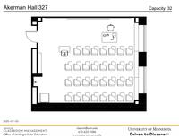 Plan view of the classroom that provides room capacity, seating locations and exits. Contact information is in the footer