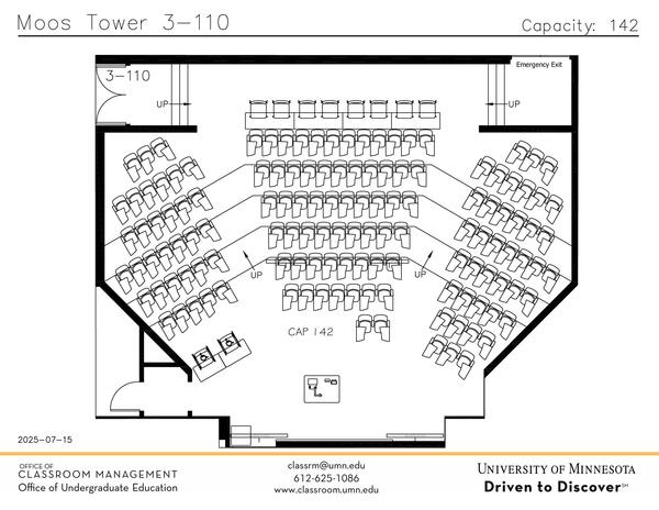 Plan view of the classroom that provides room capacity, seating locations and exits. Contact information is in the footer