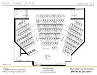 Plan view of the classroom that provides room capacity, seating locations and exits. Contact information is in the footer