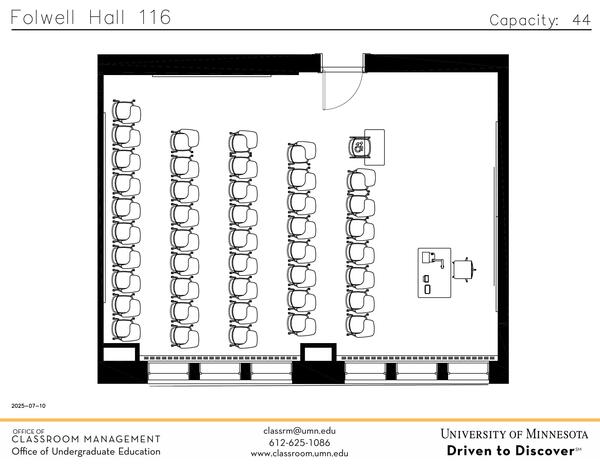 Plan view of the classroom that provides room capacity, seating locations and exits. Contact information is in the footer