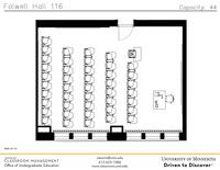 Plan view of the classroom that provides room capacity, seating locations and exits. Contact information is in the footer