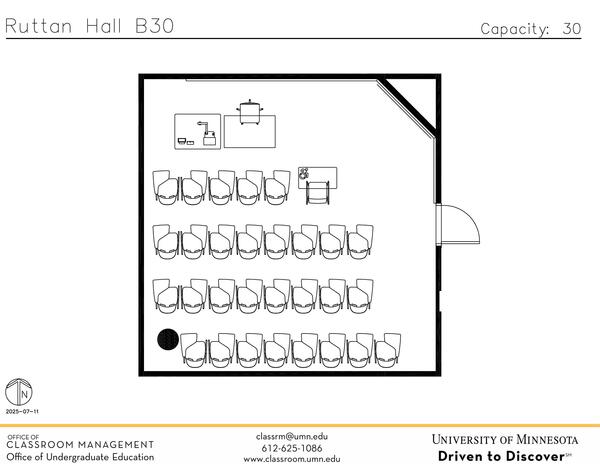 Plan view of the classroom that provides room capacity, seating locations and exits. Contact information is in the footer