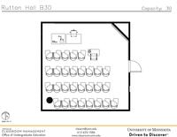 Plan view of the classroom that provides room capacity, seating locations and exits. Contact information is in the footer
