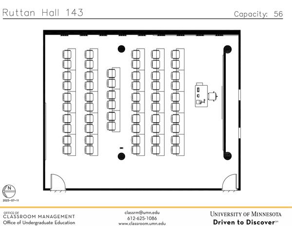 Plan view of the classroom that provides room capacity, seating locations and exits. Contact information is in the footer