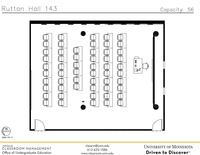 Plan view of the classroom that provides room capacity, seating locations and exits. Contact information is in the footer