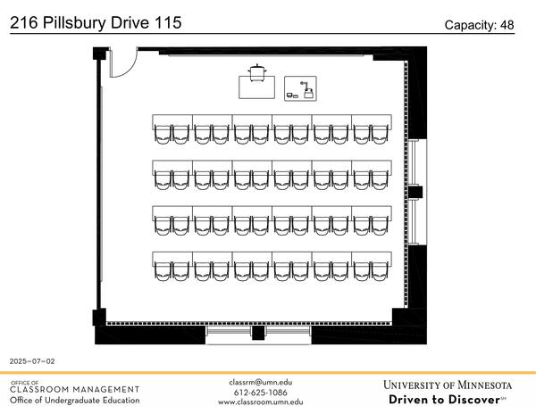 Plan view of the classroom that provides room capacity, seating locations and exits. Contact information is in the footer