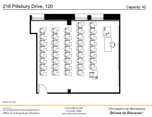 Plan view of the classroom that provides room capacity, seating locations and exits. Contact information is in the footer
