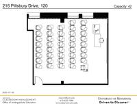 Plan view of the classroom that provides room capacity, seating locations and exits. Contact information is in the footer