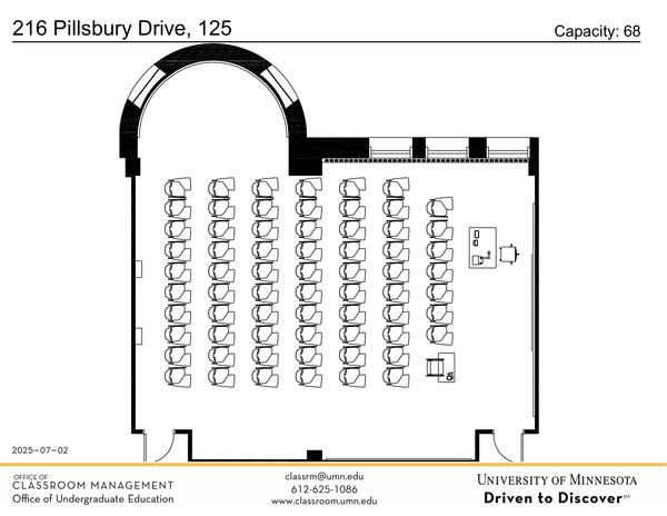 Plan view of the classroom that provides room capacity, seating locations and exits. Contact information is in the footer