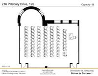 Plan view of the classroom that provides room capacity, seating locations and exits. Contact information is in the footer