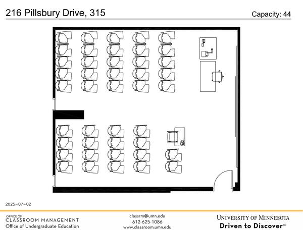 Plan view of the classroom that provides room capacity, seating locations and exits. Contact information is in the footer