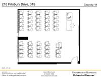 Plan view of the classroom that provides room capacity, seating locations and exits. Contact information is in the footer
