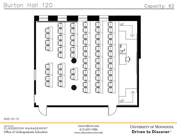 Plan view of the classroom that provides room capacity, seating locations and exits. Contact information is in the footer
