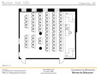 Plan view of the classroom that provides room capacity, seating locations and exits. Contact information is in the footer
