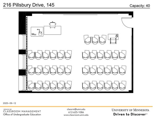 Plan view of the classroom that provides room capacity, seating locations and exits. Contact information is in the footer
