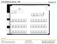 Plan view of the classroom that provides room capacity, seating locations and exits. Contact information is in the footer