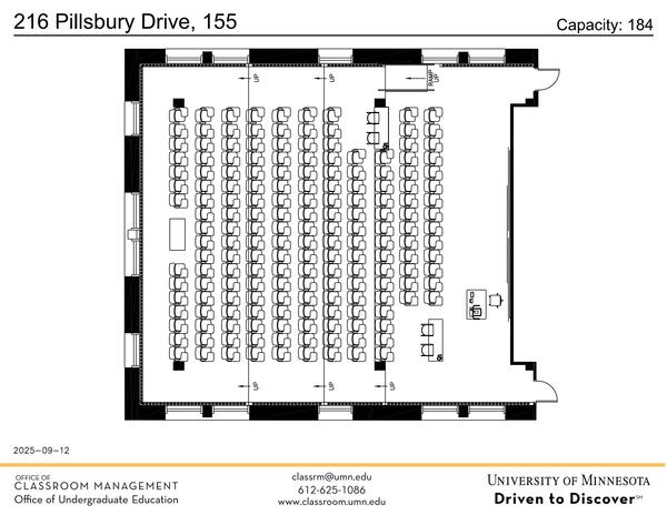 Plan view of the classroom that provides room capacity, seating locations and exits. Contact information is in the footer