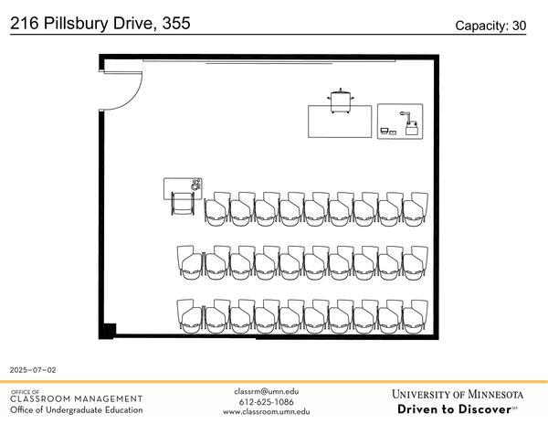 Plan view of the classroom that provides room capacity, seating locations and exits. Contact information is in the footer