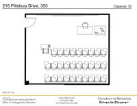 Plan view of the classroom that provides room capacity, seating locations and exits. Contact information is in the footer