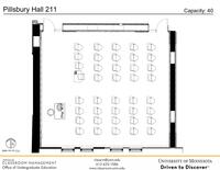Plan view of the classroom that provides room capacity, seating locations and exits. Contact information is in the footer