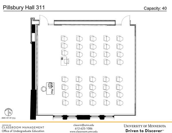 Plan view of the classroom that provides room capacity, seating locations and exits. Contact information is in the footer