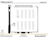 Plan view of the classroom that provides room capacity, seating locations and exits. Contact information is in the footer