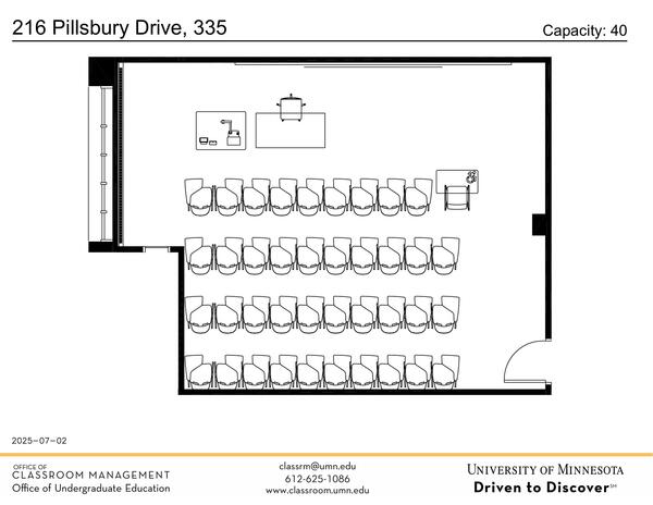Plan view of the classroom that provides room capacity, seating locations and exits. Contact information is in the footer