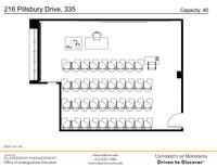 Plan view of the classroom that provides room capacity, seating locations and exits. Contact information is in the footer
