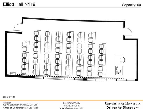 Plan view of the classroom that provides room capacity, seating locations and exits. Contact information is in the footer