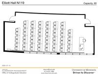 Plan view of the classroom that provides room capacity, seating locations and exits. Contact information is in the footer